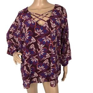 East Adeline Size 2X Multicolor Floral Print Blouse Shirt Top V-Neck Office Boho
